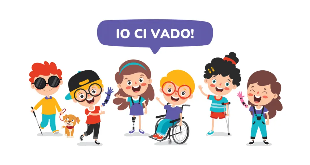 Illustrazione di un gruppo di bambini con disabilità diverse che salutano sorridendo.