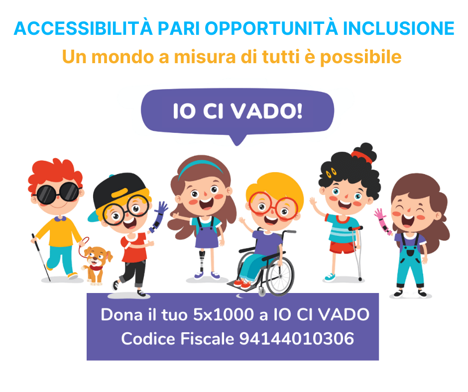 Illustrazione di sei bambini e bambine con disabilità diverse — cecità, arto meccanico, disabilità motoria, sordità — che si tengono per mano sorridenti, con il logo "IO CI VADO!" in un fumetto sopra di loro e la scritta "Dona il tuo 5x1000 a IO CI VADO".