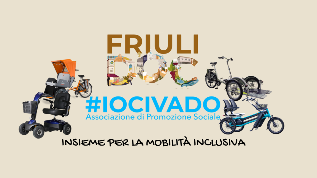 Banner con logo di Friuli Doc, logo di IO CI VADO, e attorno delle biciclette inclusive