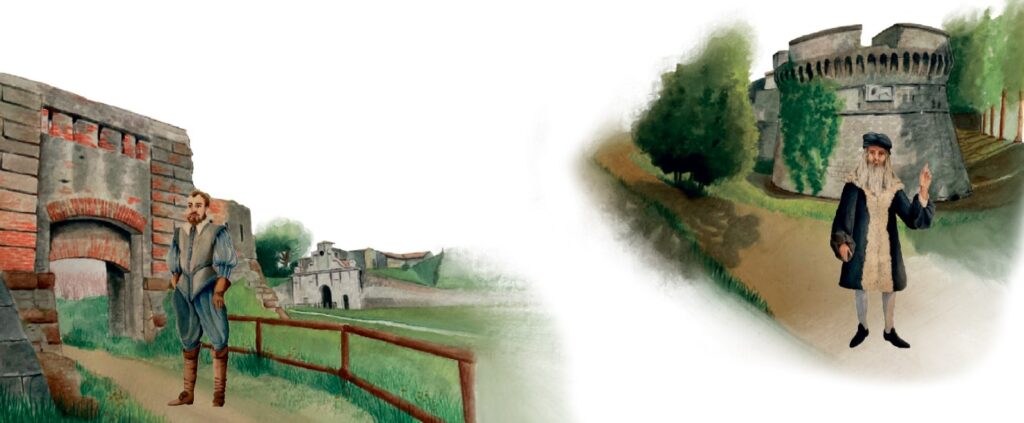 Un nobile rinascimentale e un maestro del passato si incontrano davanti a imponenti fortificazioni, evocando storia, architettura e conoscenza in un viaggio tra epoche diverse.